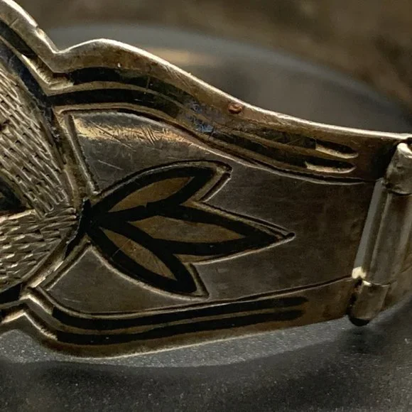 Vintage Sterling Silver Niello Hinge Cuff Bangle Boho Bracelet Flower Inlay - Picture 7 of 9